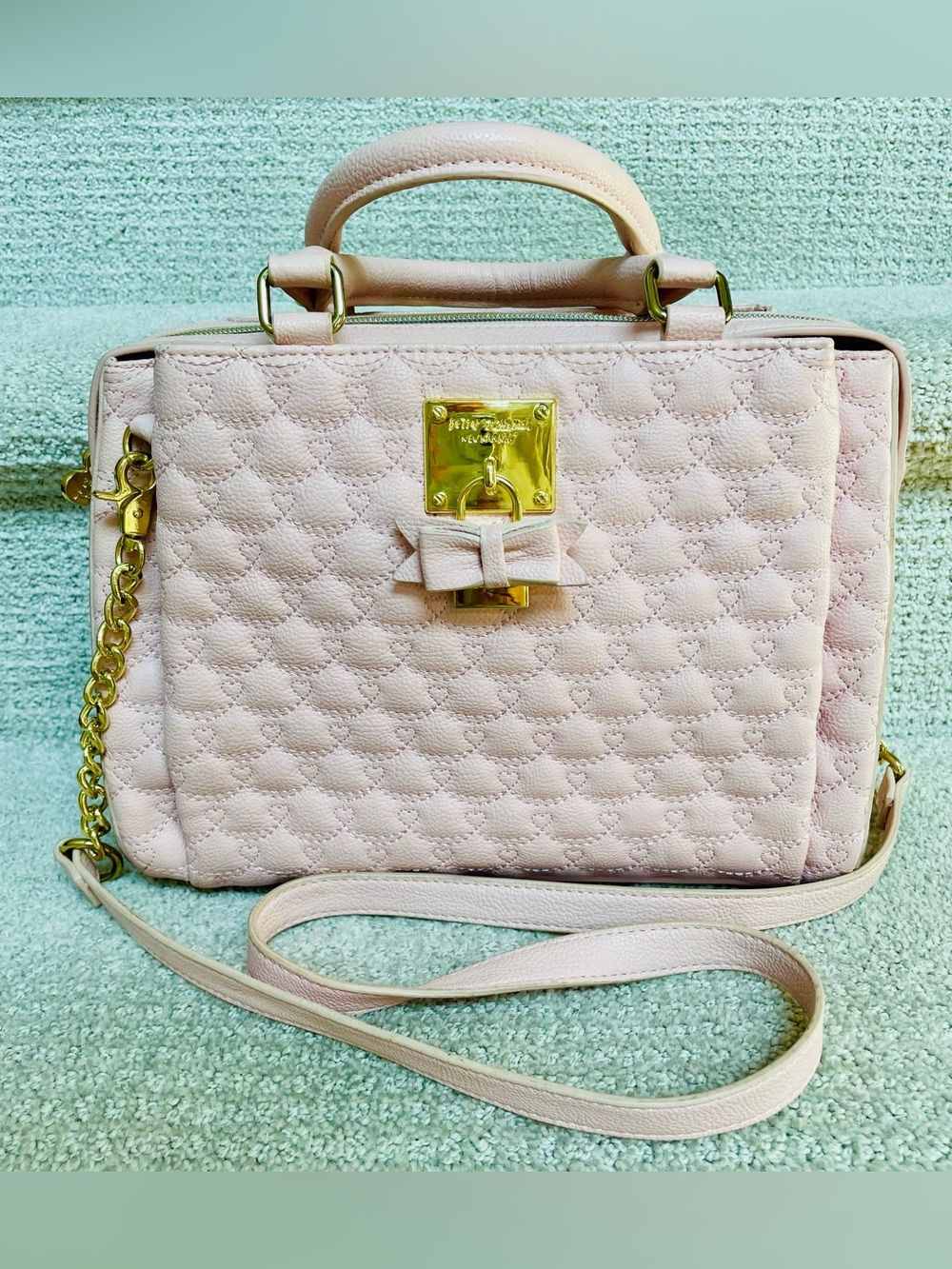 Betsey Johnson Pink Quilted Heart Triple
Compartment Gold Lock Satchel